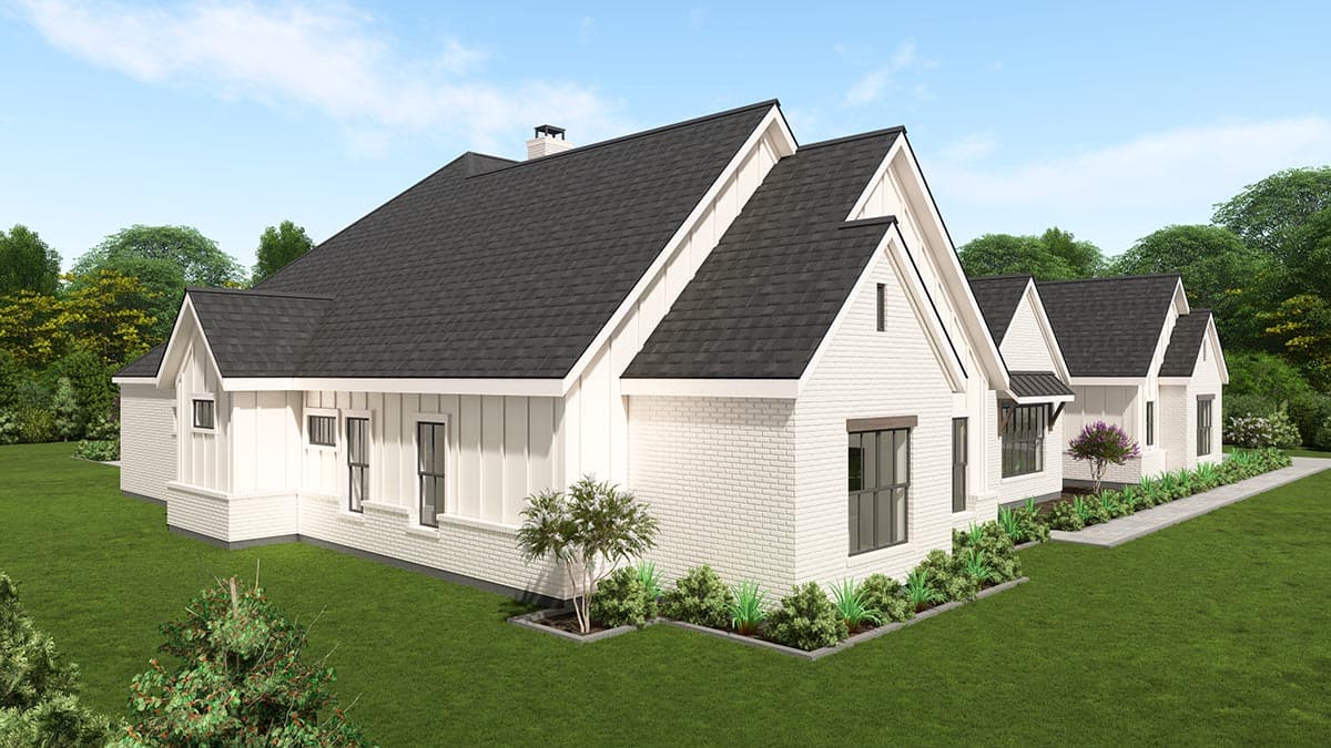 House plan exterior, single-story Modern Farmhouse with gables, board-and-batten siding, and brick.
