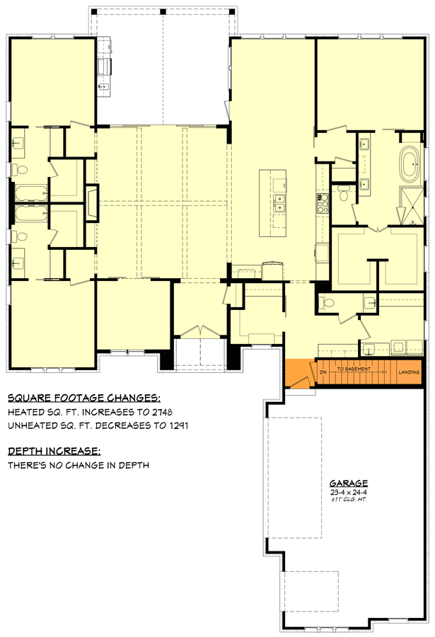 Plan 51930HZ: One-Story Transitional House Plan with 3 Bedrooms and a Golf Cart Garage - Floor Plan - Basement Version - Country, Hill Country, New American, Ranch, Transitional