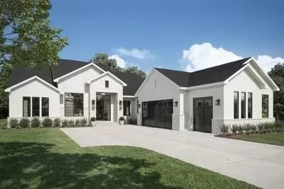 One-Story Transitional House Plan with 3 Bedrooms and a Golf Cart Garage