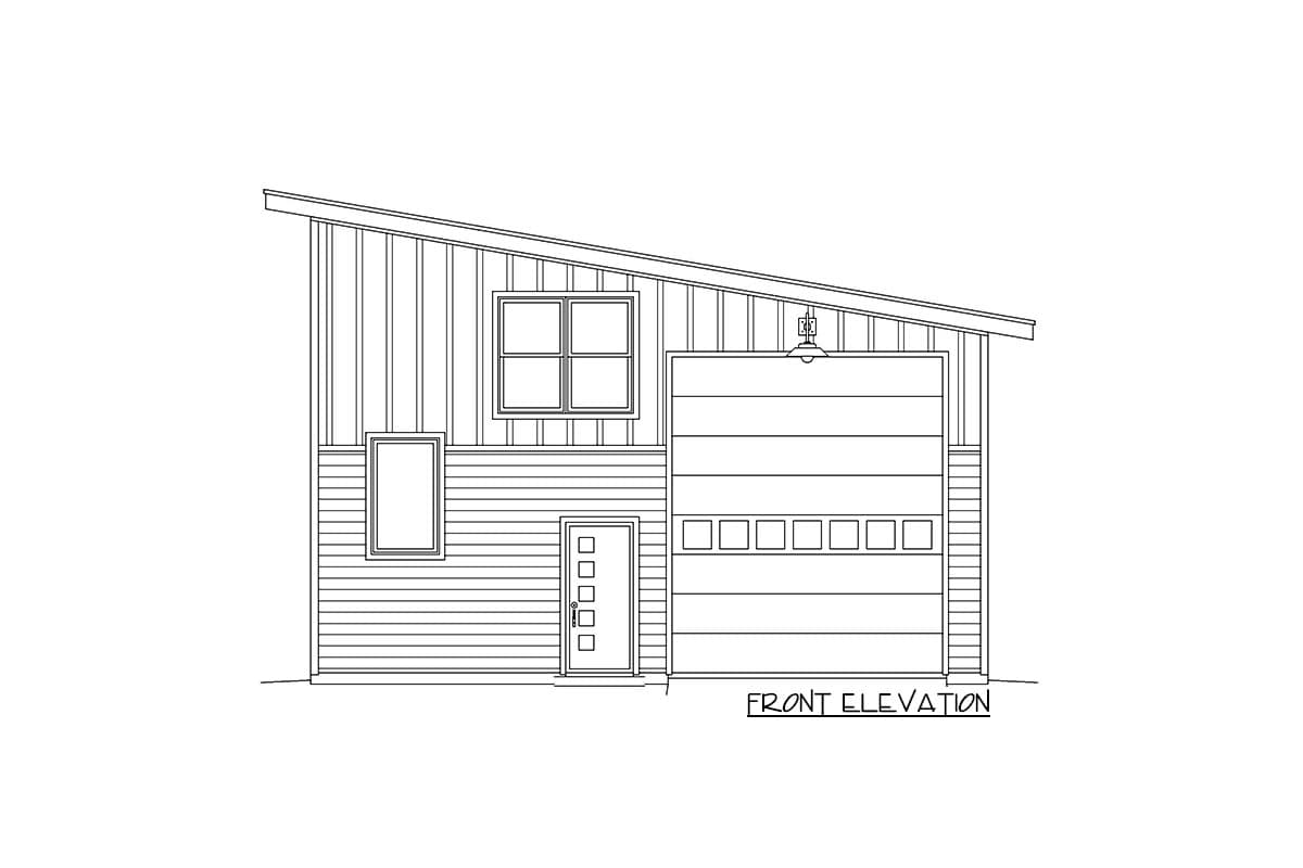 Front elevation of a house plan featuring a sloped roof, garage door, entry door, and two windows.