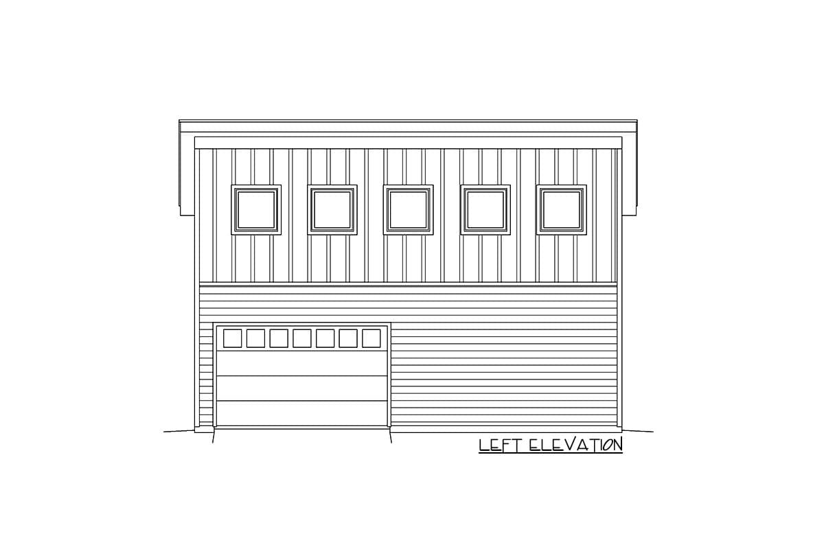 Left elevation drawing of a two-story house plan with a side-entry garage and five square upper windows.