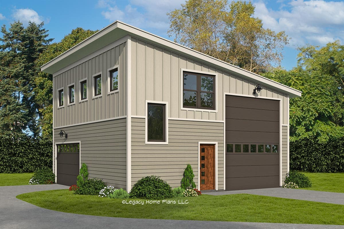 House plan exterior. Two-story Modern style with vertical siding. Features include a single-car garage, clerestory windows, and a shed roofline.