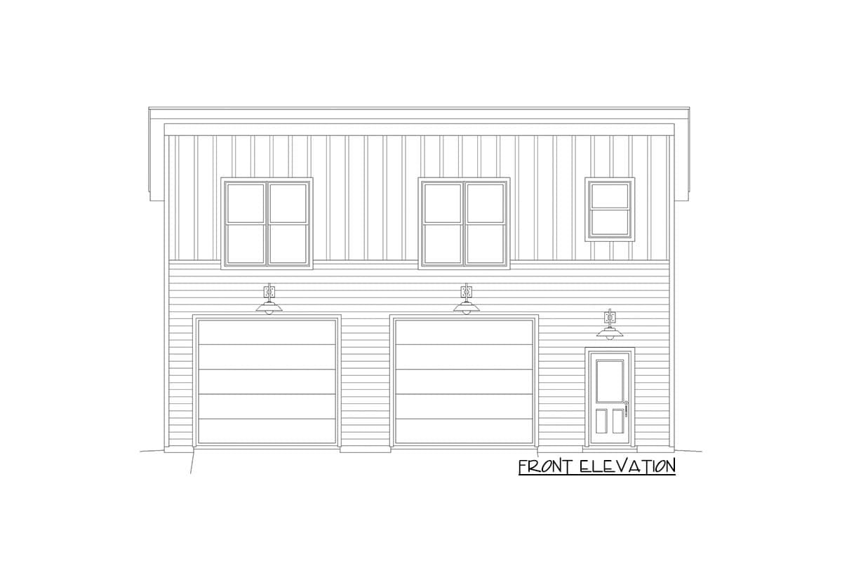 Front elevation drawing of a garage with two overhead doors, one side door, and three upper windows.