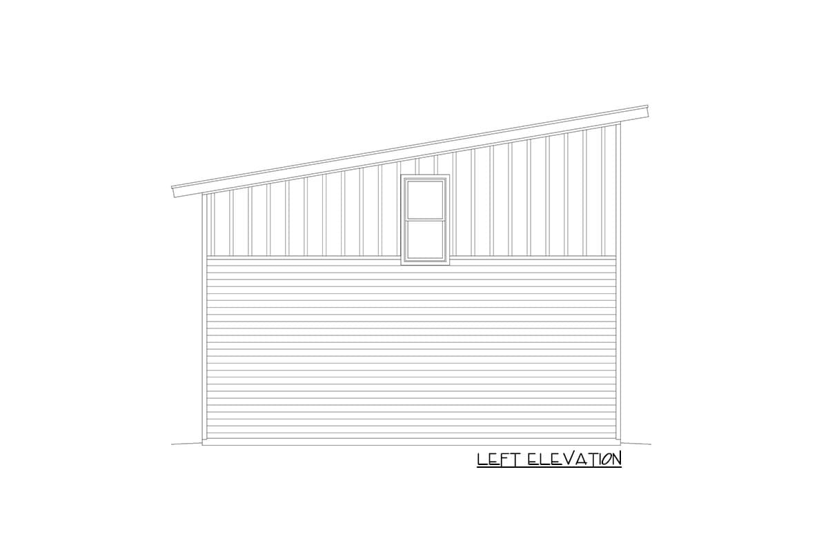 Left elevation drawing of a building with horizontal siding on the lower portion and vertical siding on the upper portion with a single window.