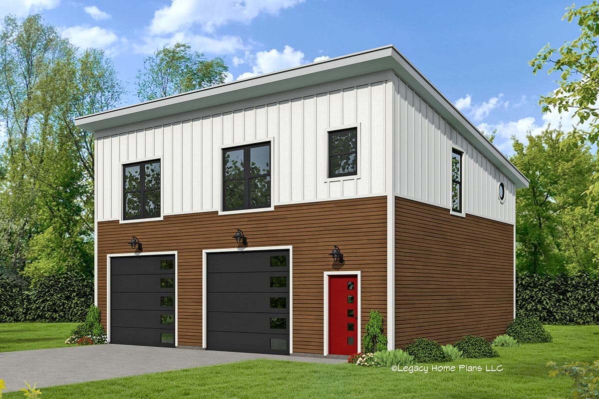 House plan exterior. Two-story modern style with horizontal and vertical siding. Features include two garage doors, flat roof, and a red entry door.