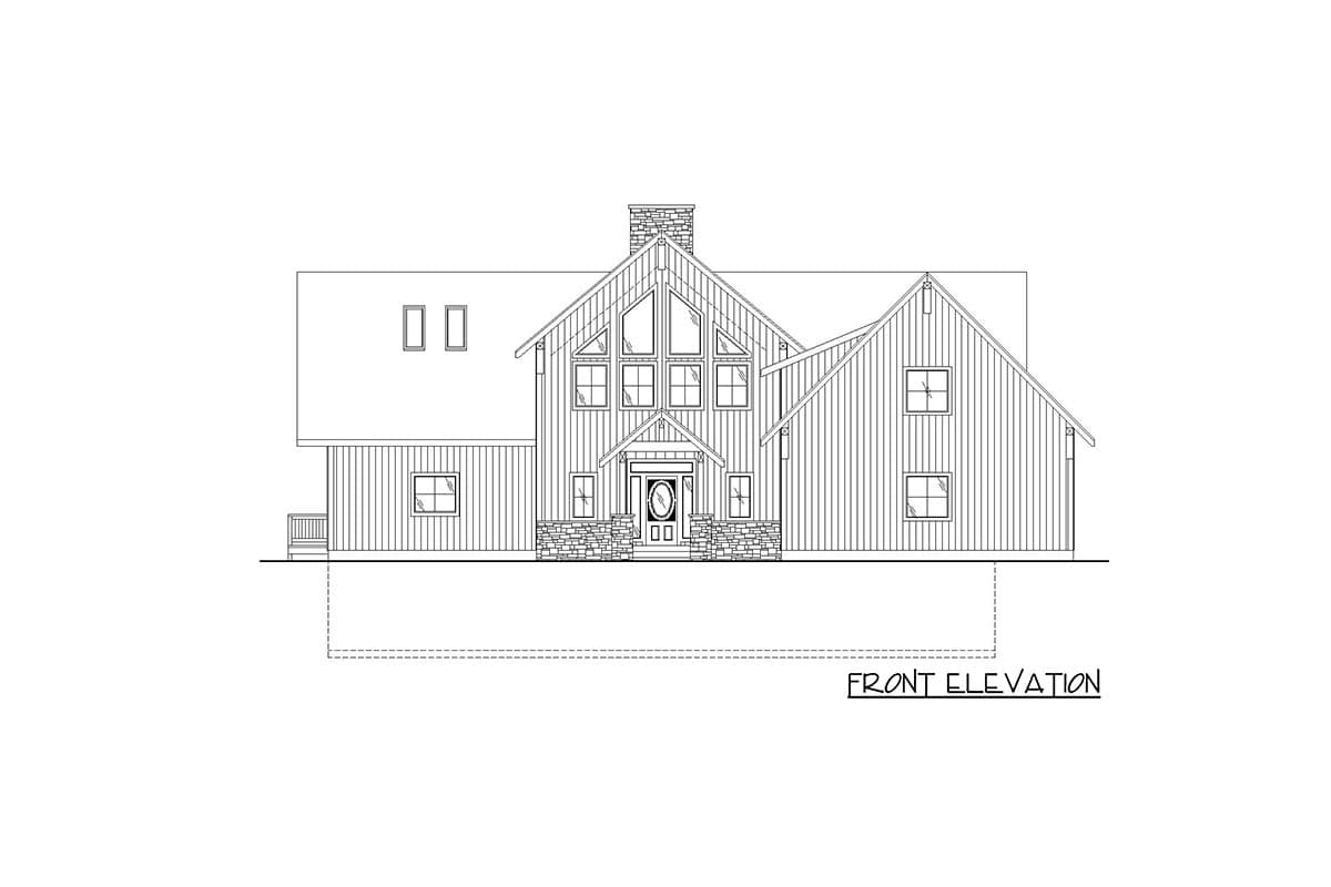 Front elevation house plan. Modern farmhouse style with prominent gables, stone-clad entrance, and a large A-frame window array.