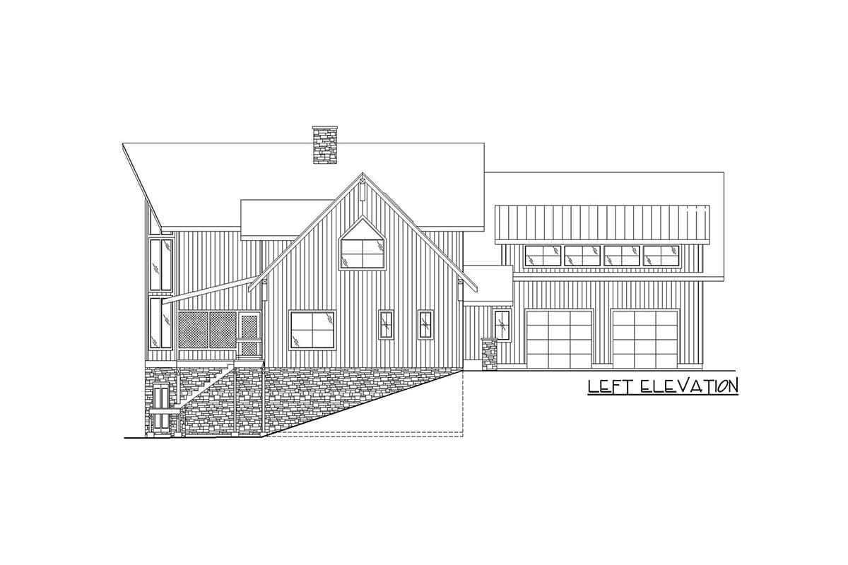 Left elevation drawing of a house plan featuring a stone foundation, vertical siding, gables, a screened porch, and a two-car garage.