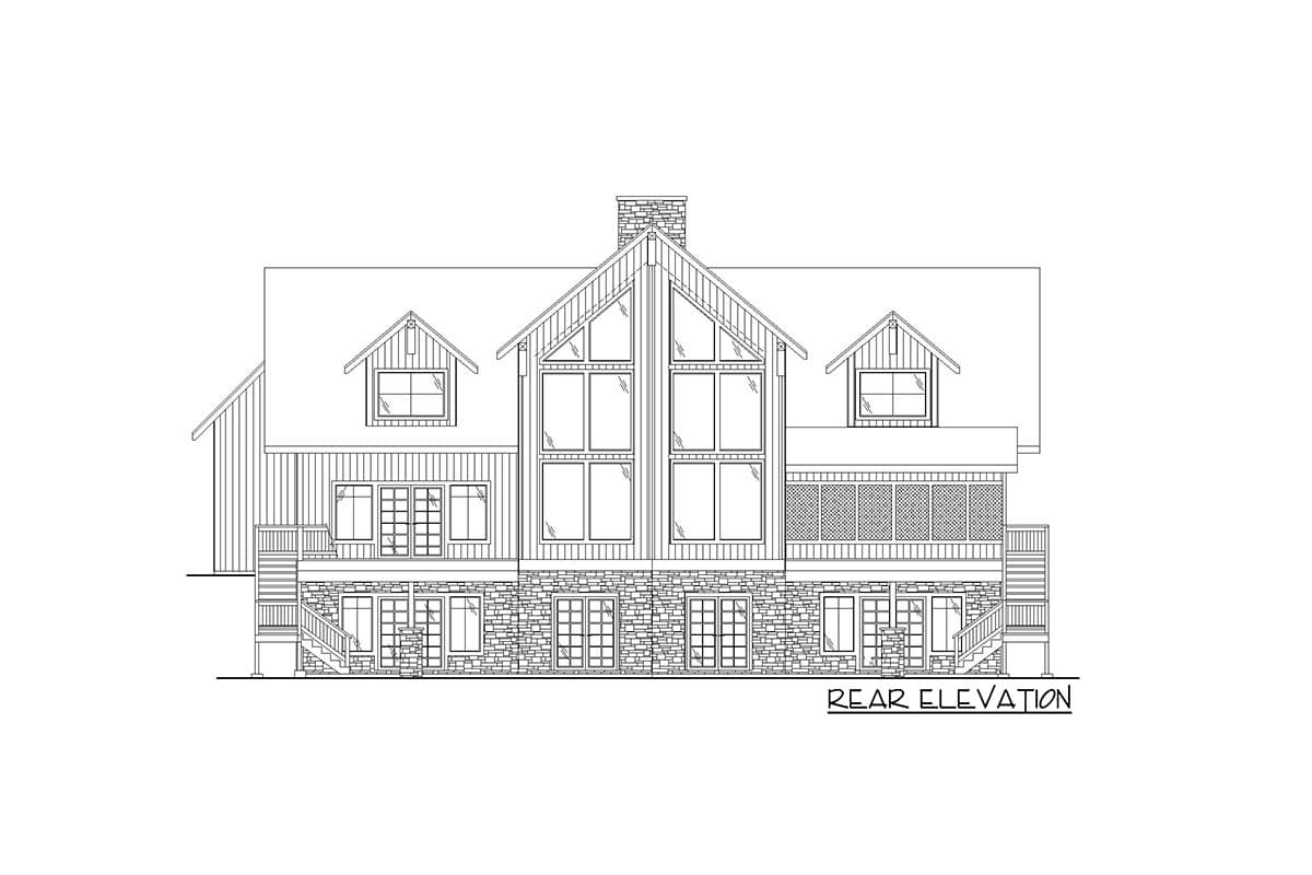 Rear elevation house plan with stone base, large central windows, multiple gables, dormers, and screened porch.