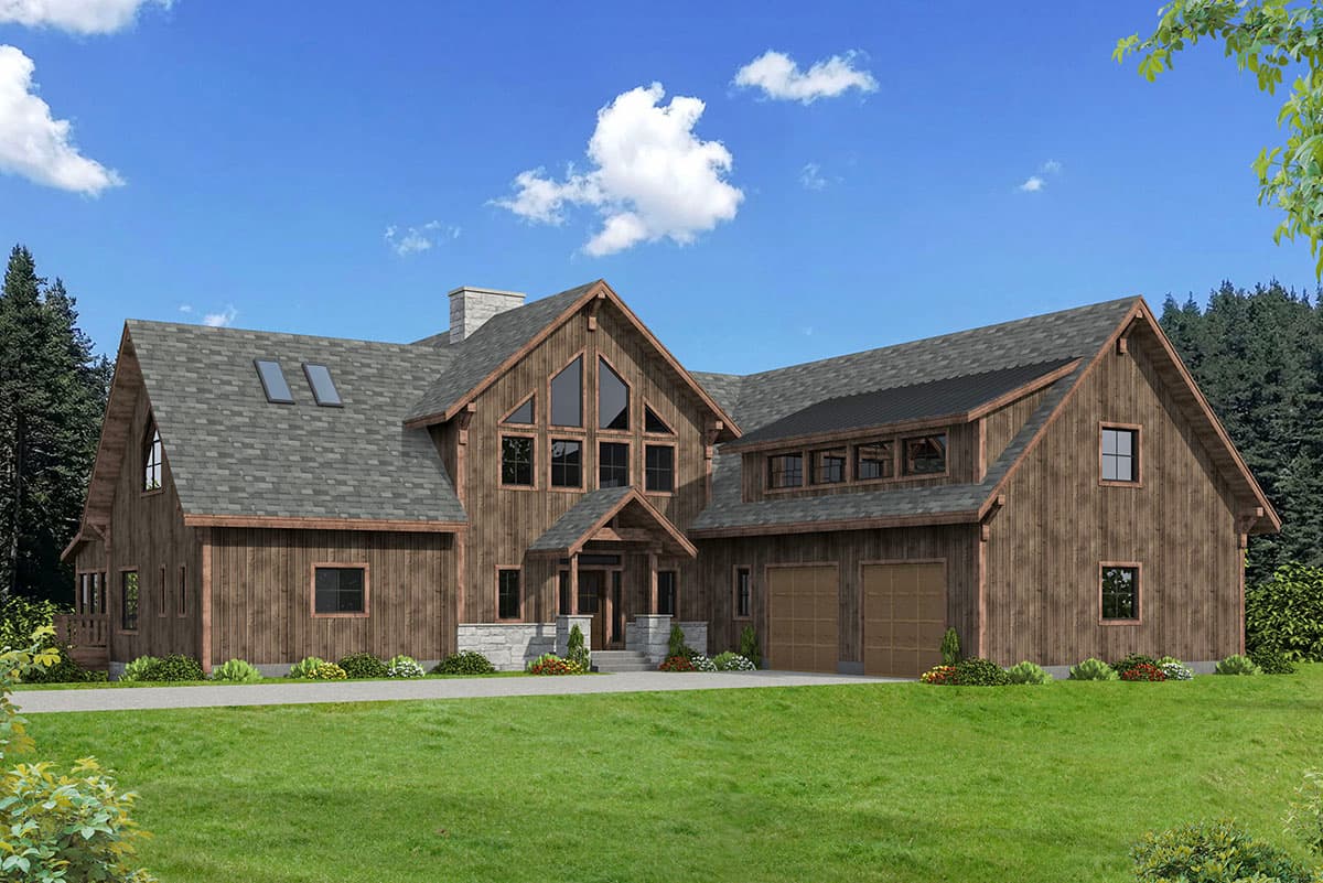 House plan exterior. Two-story, rustic-style home with gabled rooflines, stone accents, dormers, and attached garage with two bays.