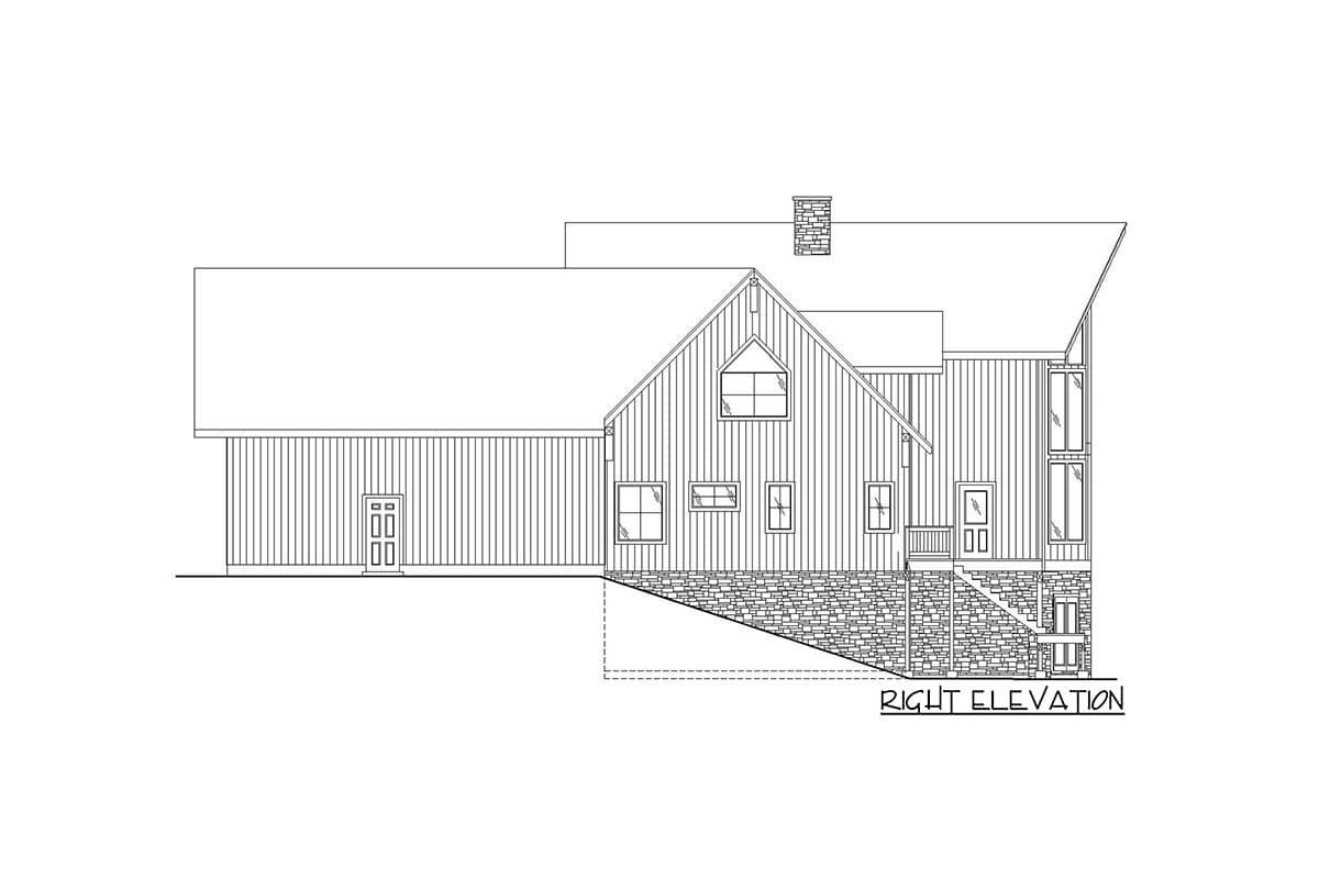 Right elevation of a house plan featuring a pitched roof, gabled dormer, stone foundation, and multiple windows.
