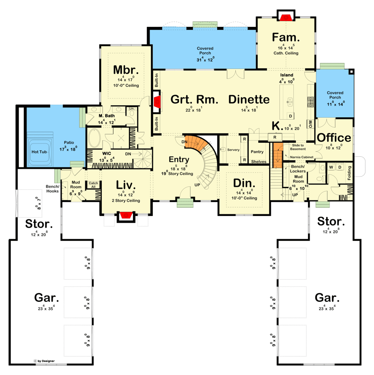 Plan 623157DJ: 5-Bed Transitional Home Plan Under 5500 Square Feet with Courtyard Parking for 6 Cars - Floor Plan - Main Level - Contemporary, Country, European, Southern, Transitional