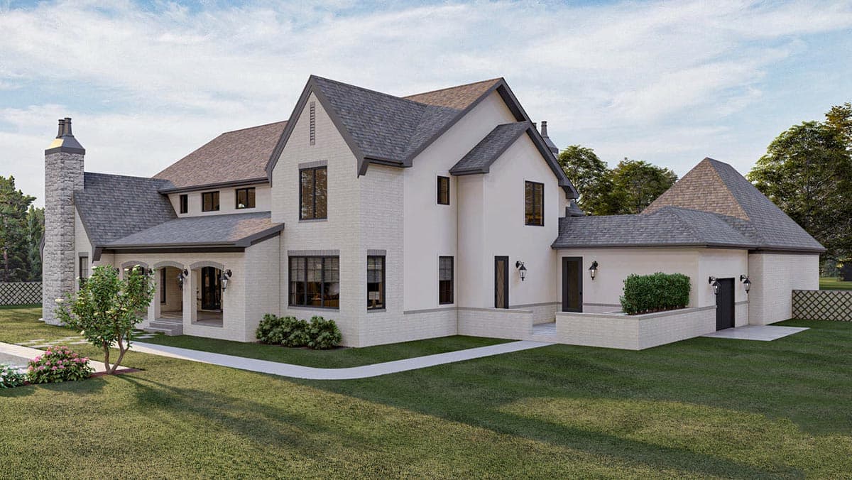 House plan exterior: Two-story home with white brick, arched covered porch, prominent stone chimney, and multi-level gabled rooflines.