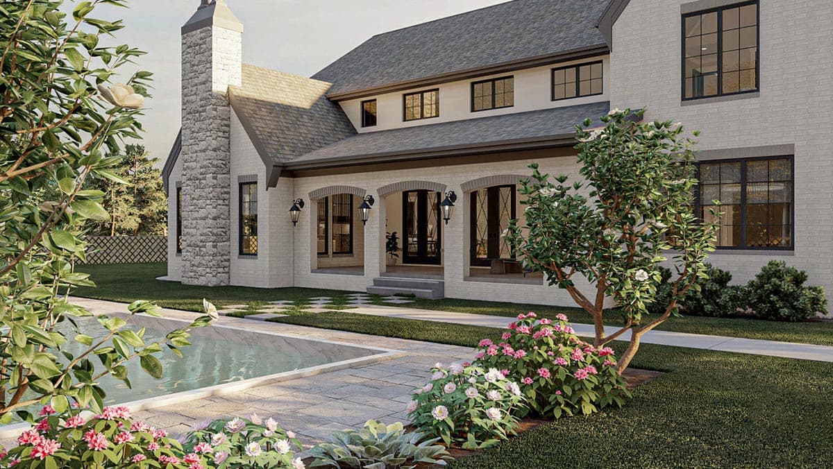 House plan exterior showing a two-story home with arched entry, stone chimney, and large grid windows.