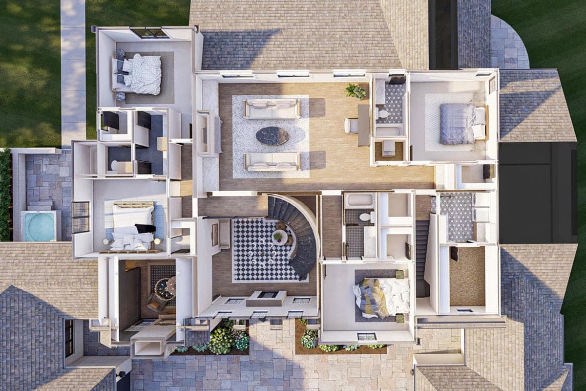 Plan 623157DJ: 5-Bed Transitional Home Plan Under 5500 Square Feet with Courtyard Parking for 6 Cars - Image #33 - Contemporary, Country, European, Southern, Transitional