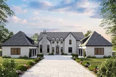 5-Bed Transitional Home Plan Under 5500 Square Feet with Courtyard Parking for 6 Cars