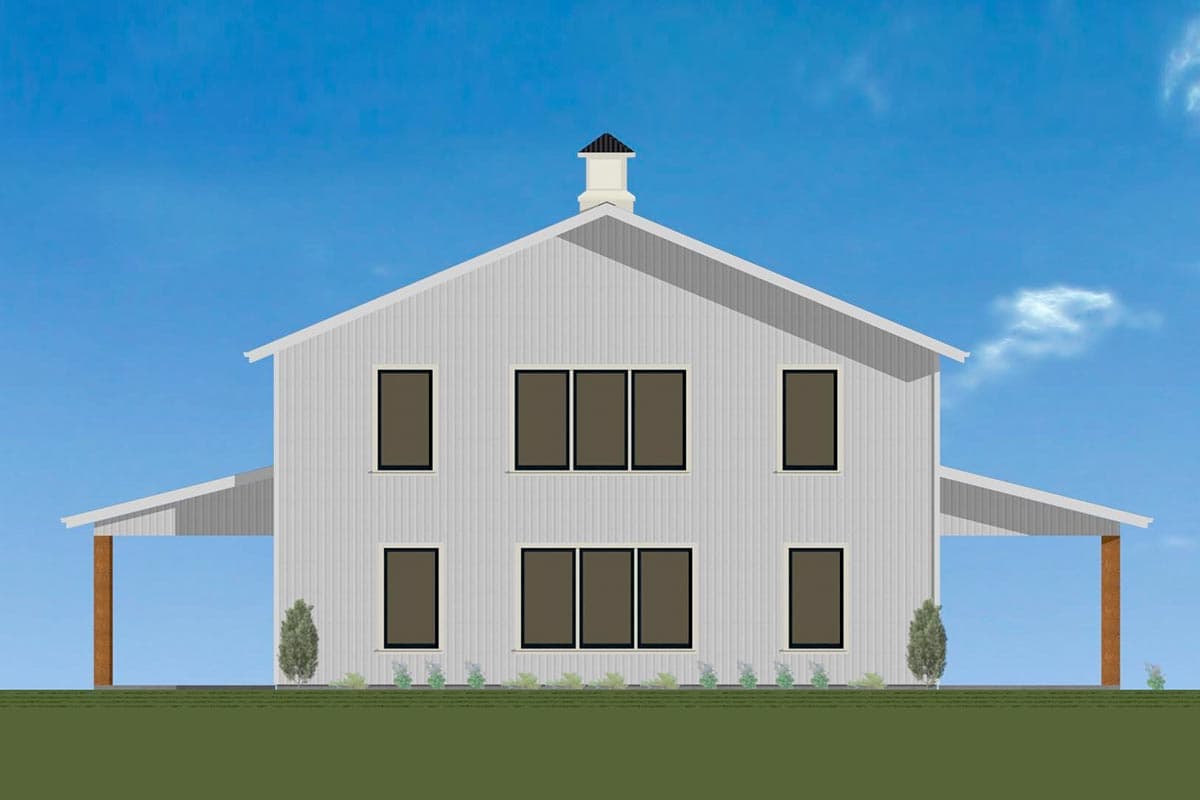 House plan exterior: Modern farmhouse style, two stories, with prominent gables, vertical siding, and attached covered carport.