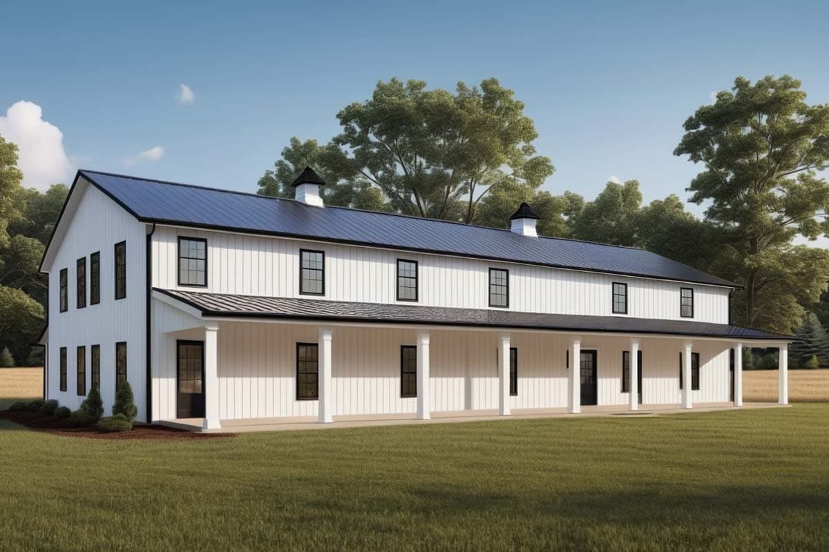 House plan exterior rendering. Two-story farmhouse with a wraparound porch, shed dormers, and vertical siding, topped with a standing seam metal roof.