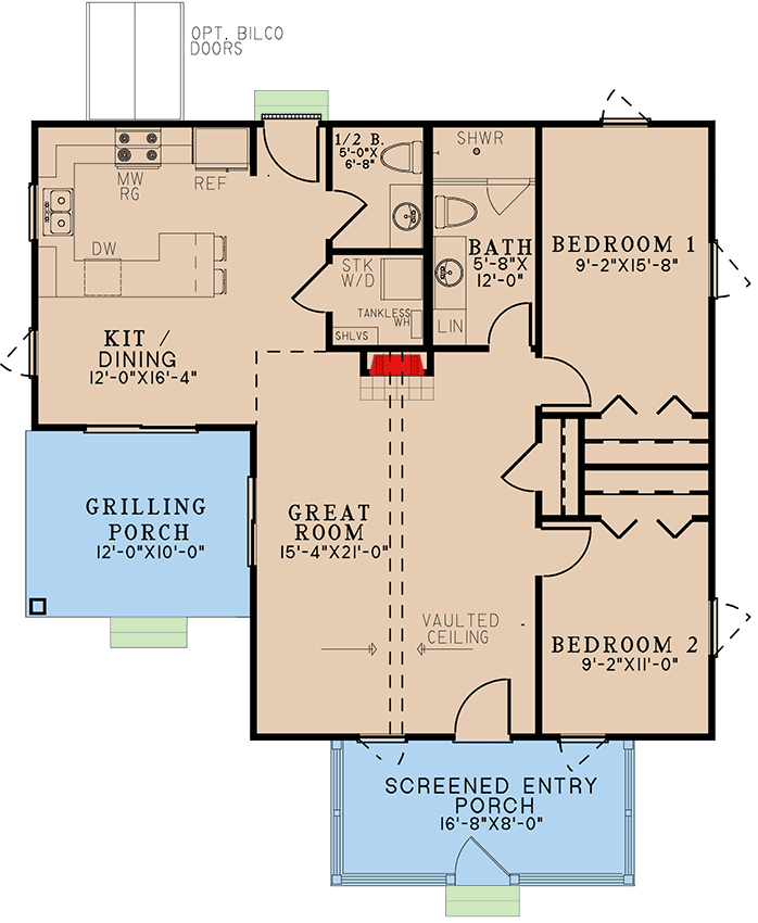 Plan 70826MK: Rustic 2-Bed Cottage House Plan Under 1100 Square Feet with Vaulted Great Room - Floor Plan - Main Level - Cottage, Country, Mountain, Rustic, Vacation