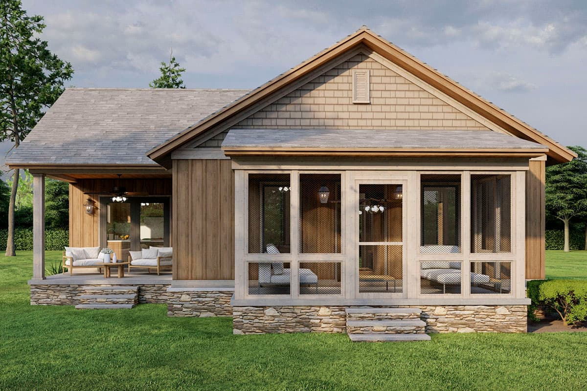 House plan exterior. One-story structure with gabled roof, stone foundation, and screened porch. Features include a side porch and wood siding.