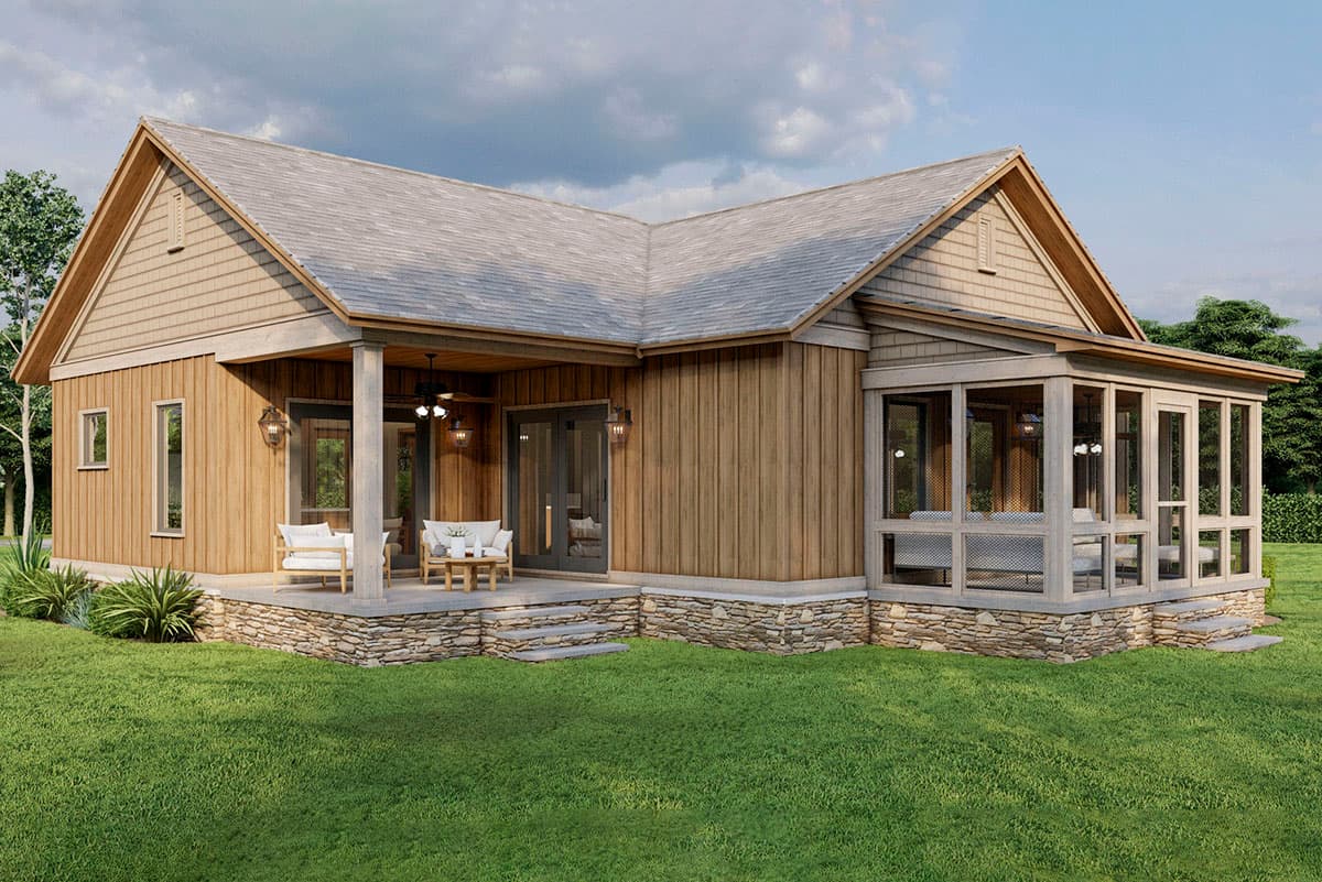 House plan exterior: One-story home with wood siding, stone foundation, covered porch, and screened-in sunroom.