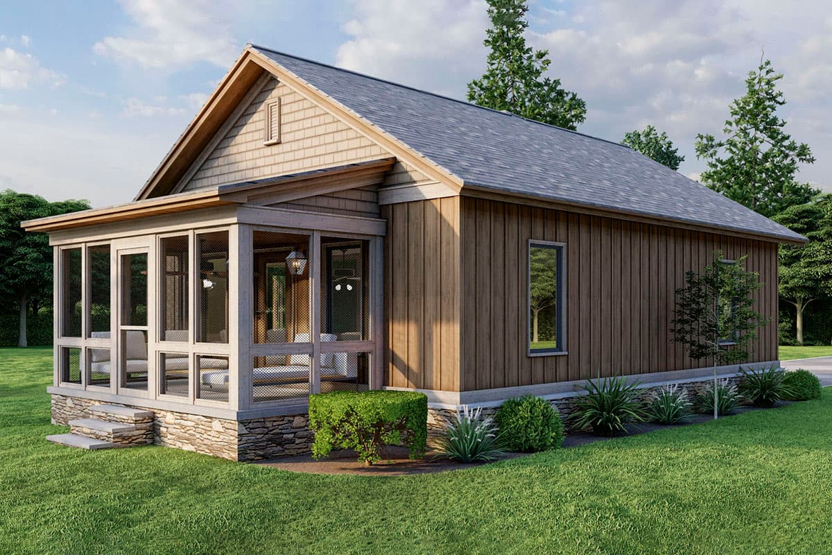 House plan exterior: One-story cottage with stone foundation, screened porch, cedar shingles, and vertical siding.