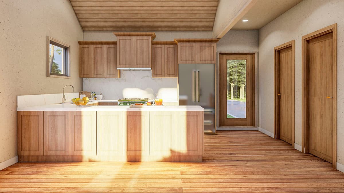 Plan 70826MK: Rustic 2-Bed Cottage House Plan Under 1100 Square Feet with Vaulted Great Room - Image #5 - Cottage, Country, Mountain, Rustic, Vacation