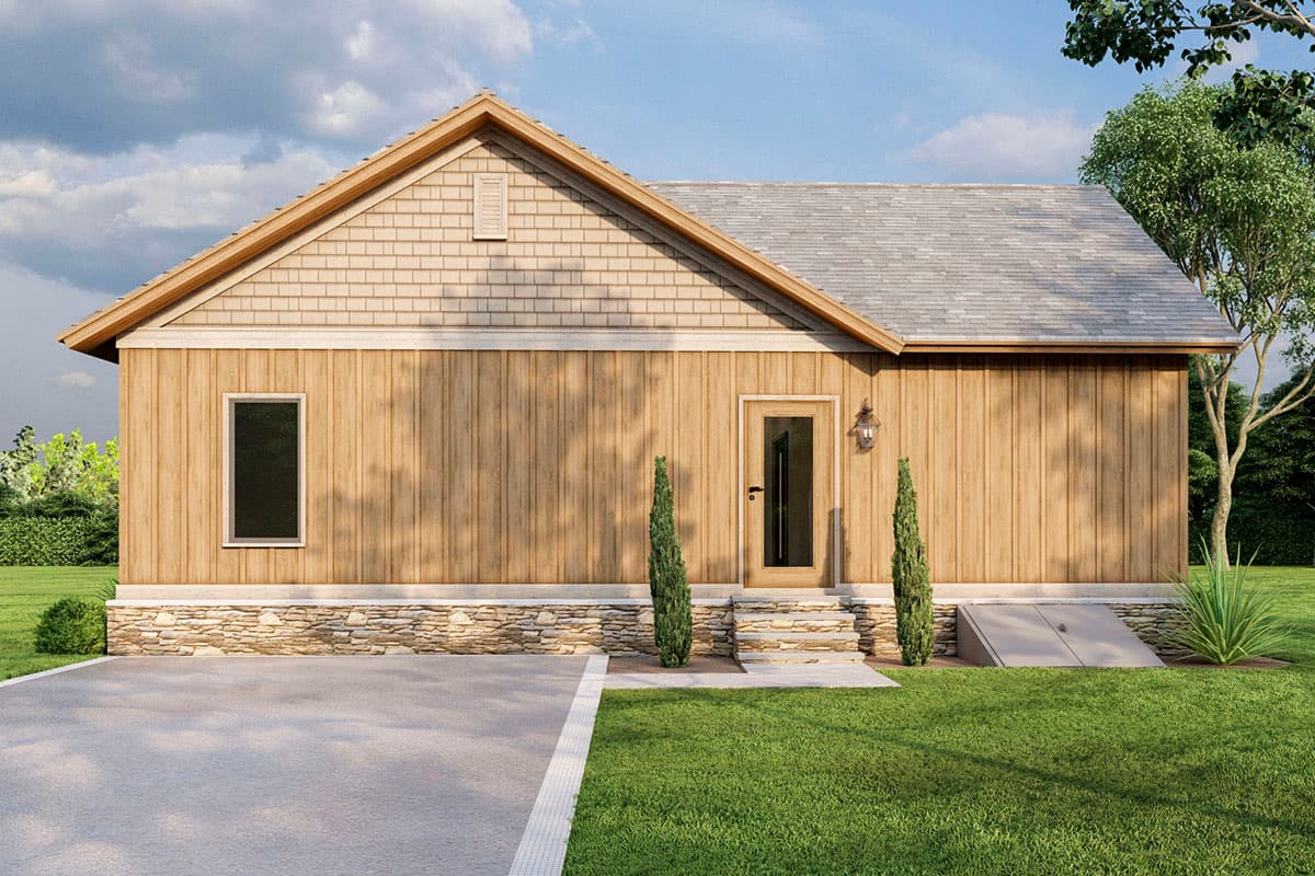 Plan 70826MK: Rustic 2-Bed Cottage House Plan Under 1100 Square Feet with Vaulted Great Room - Image #10 - Cottage, Country, Mountain, Rustic, Vacation
