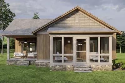Rustic 2-Bed Cottage House Plan Under 1100 Square Feet with Vaulted Great Room