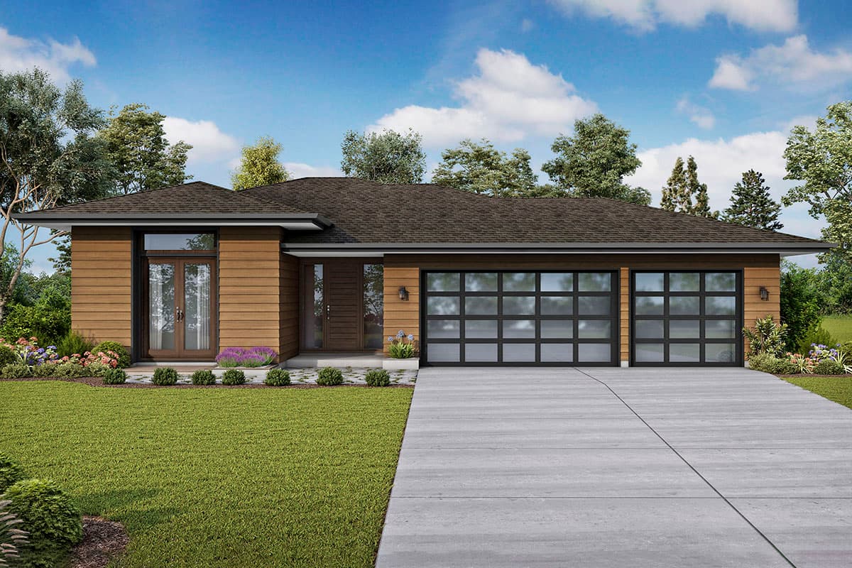 House plan exterior with modern style, one story, wood siding, glass paneled garage doors, and flat roofline.