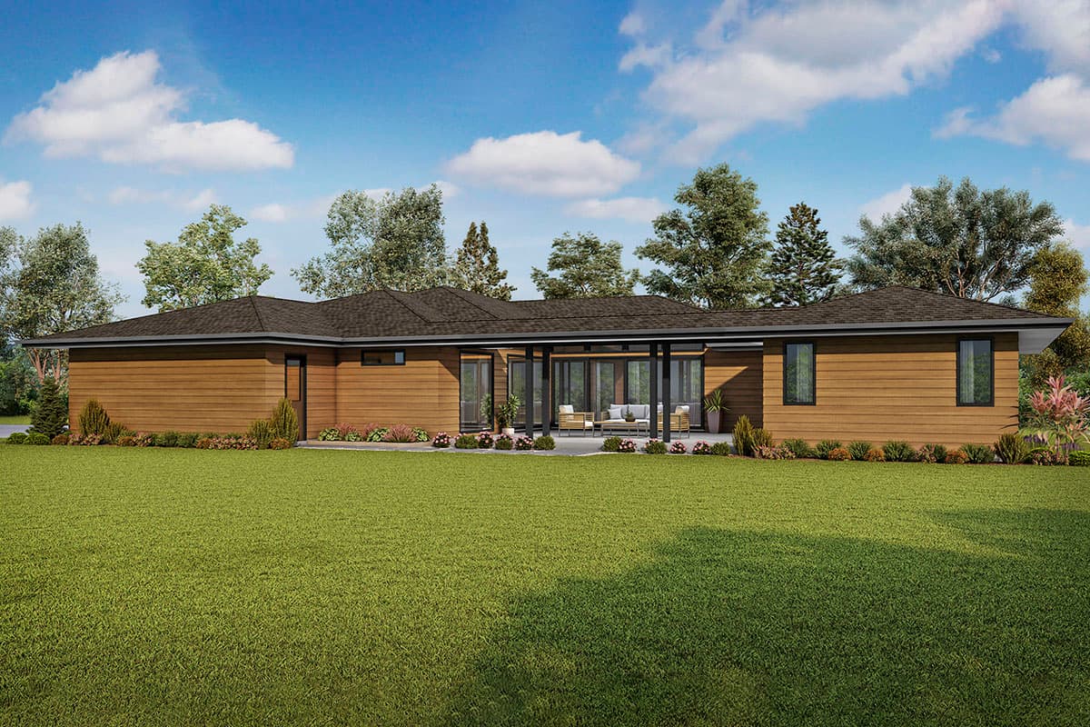 House plan exterior: Modern single-story home with horizontal wood siding, hip roof, and covered patio with glass doors.