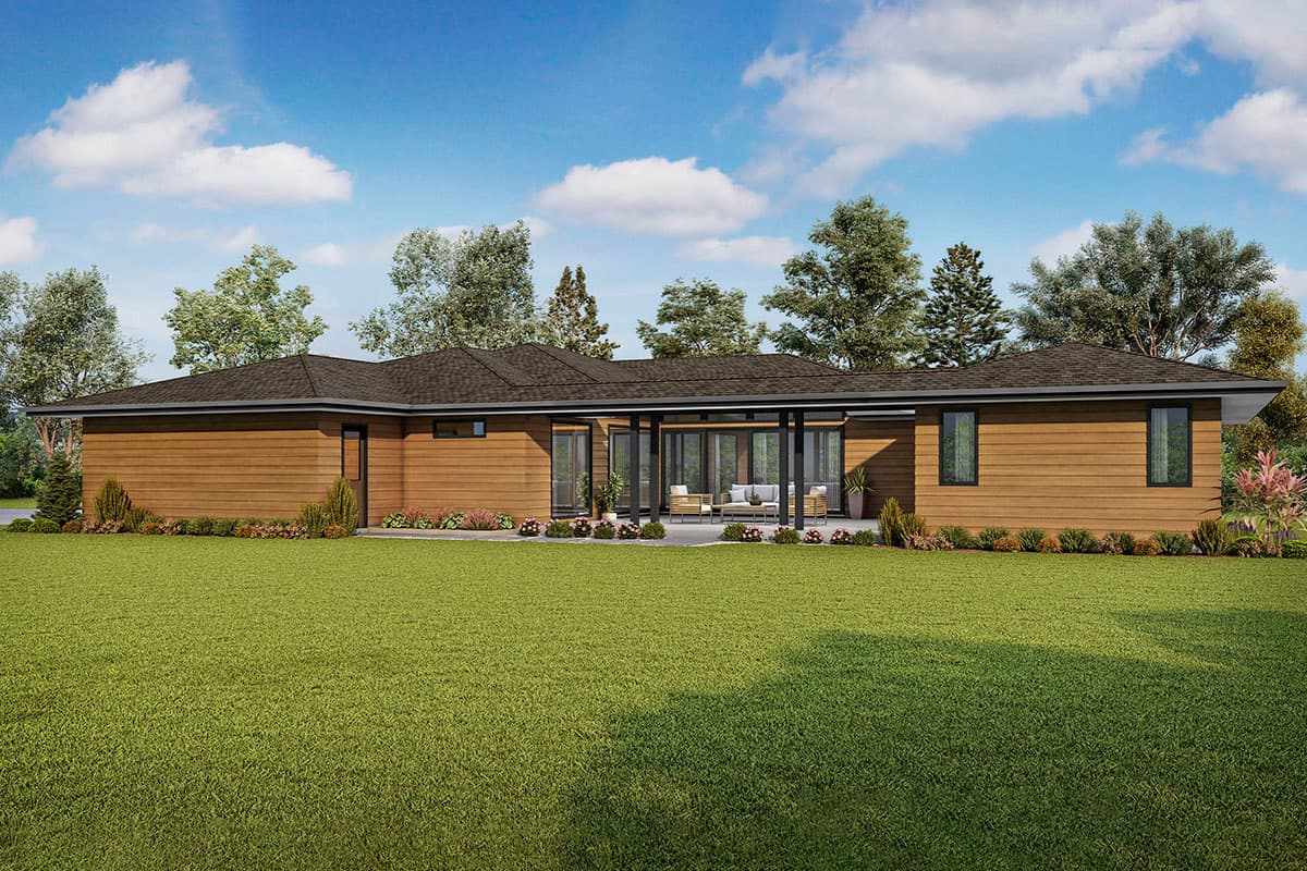 Modern ranch house plan exterior with horizontal siding, large windows, and covered patio.