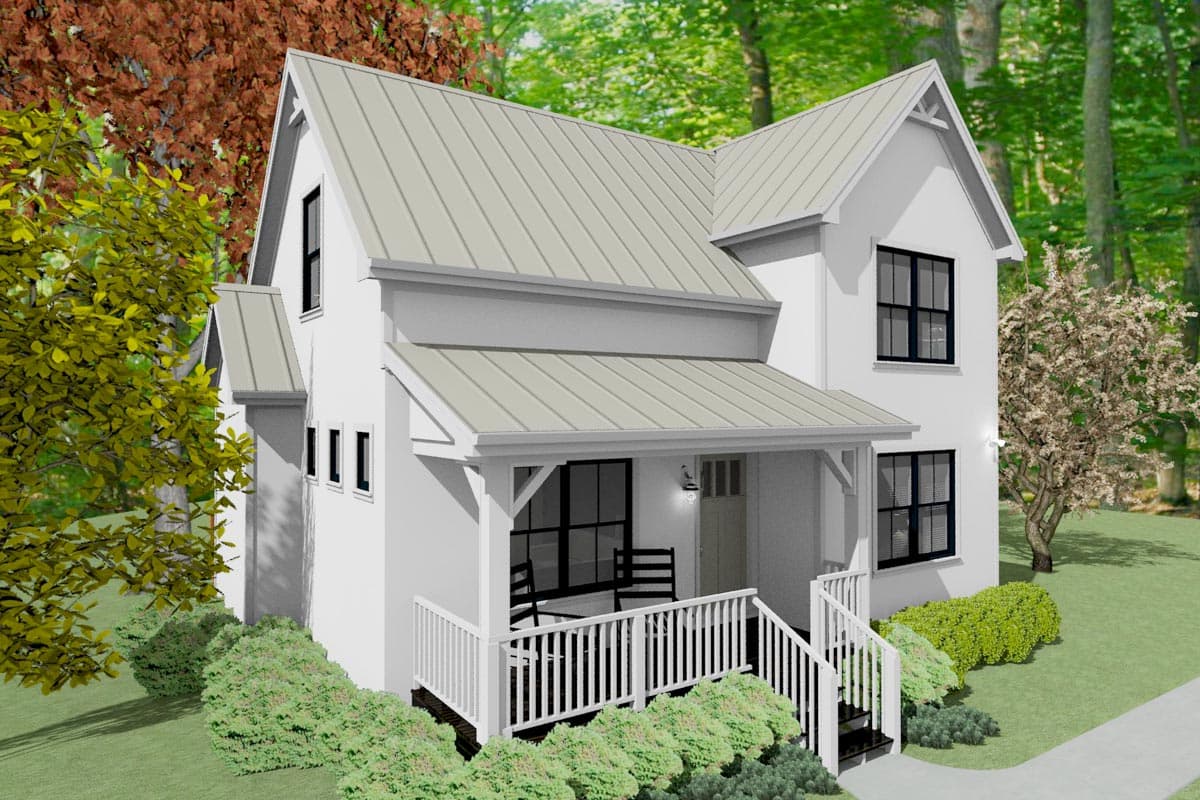 House plan exterior with two stories and a front porch. Features include a gable roof, multiple dormers, and a metal roof. White siding.