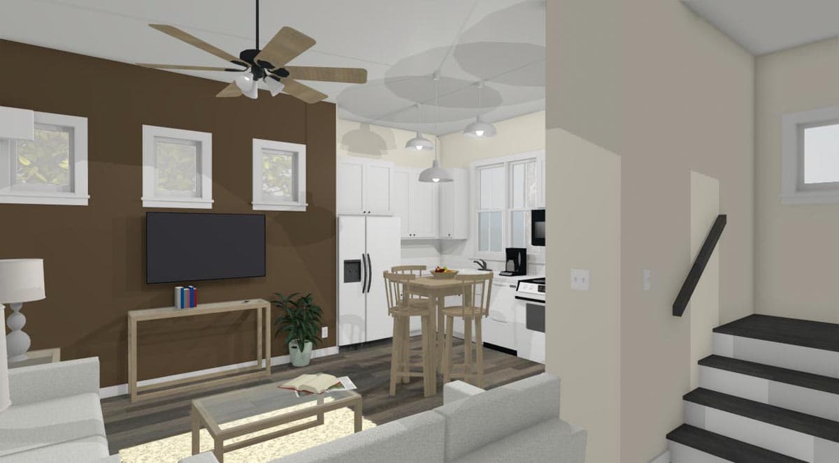 Interior rendering of open-concept living area with kitchen, dining table, and staircase.
