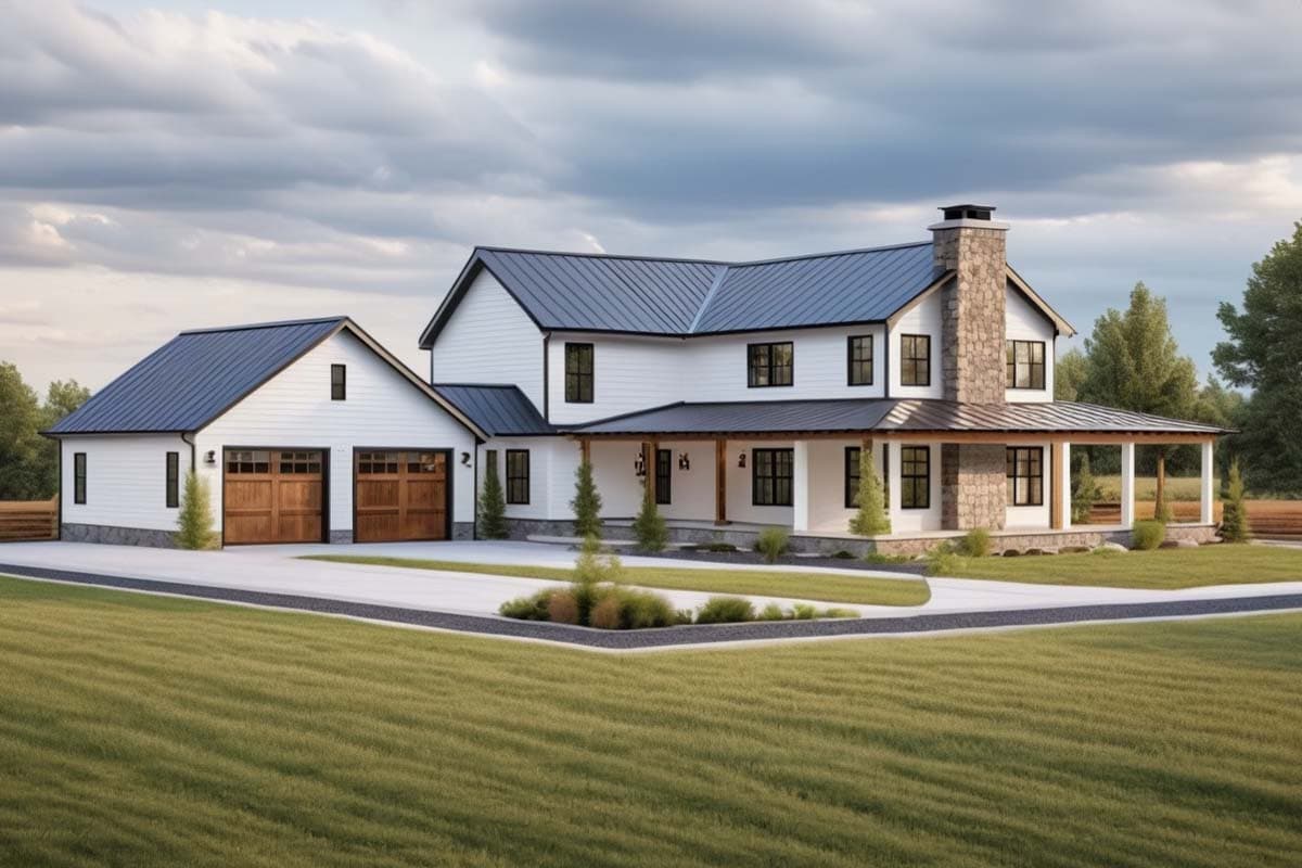 Modern Farmhouse house plan exterior. Two-story with a covered porch and stone chimney. Features attached garage with two bays.