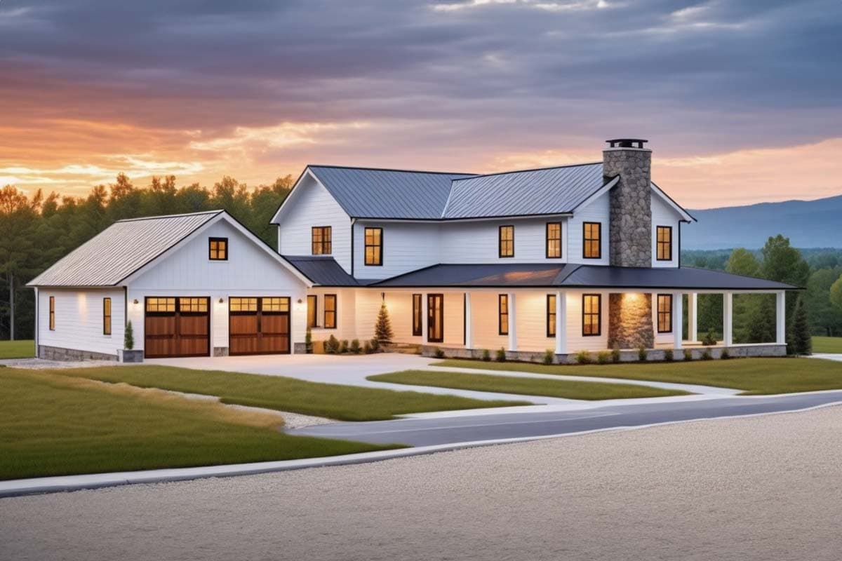 Modern farmhouse house plan exterior with a wrap-around porch, stone chimney, and attached two-car garage.