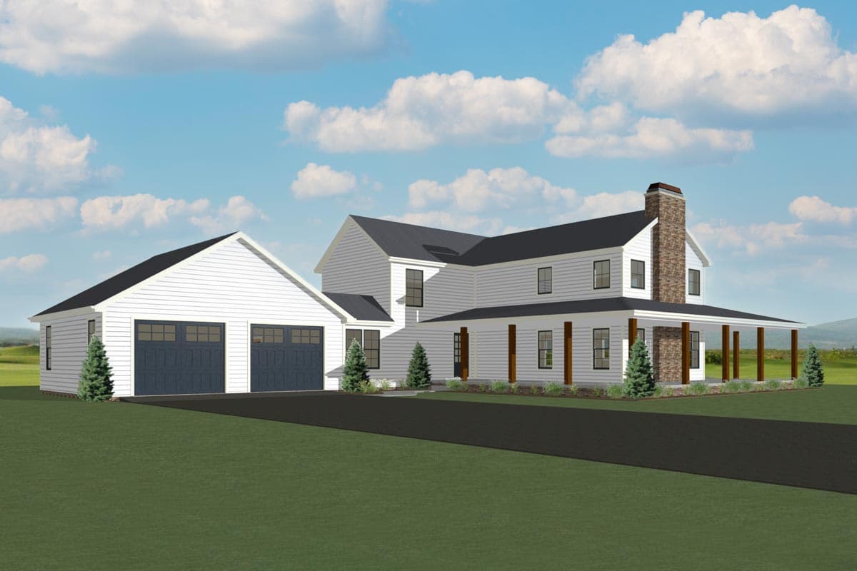 House plan exterior: Modern Farmhouse style, two stories, with a wraparound porch, stone chimney, and attached three-car garage.