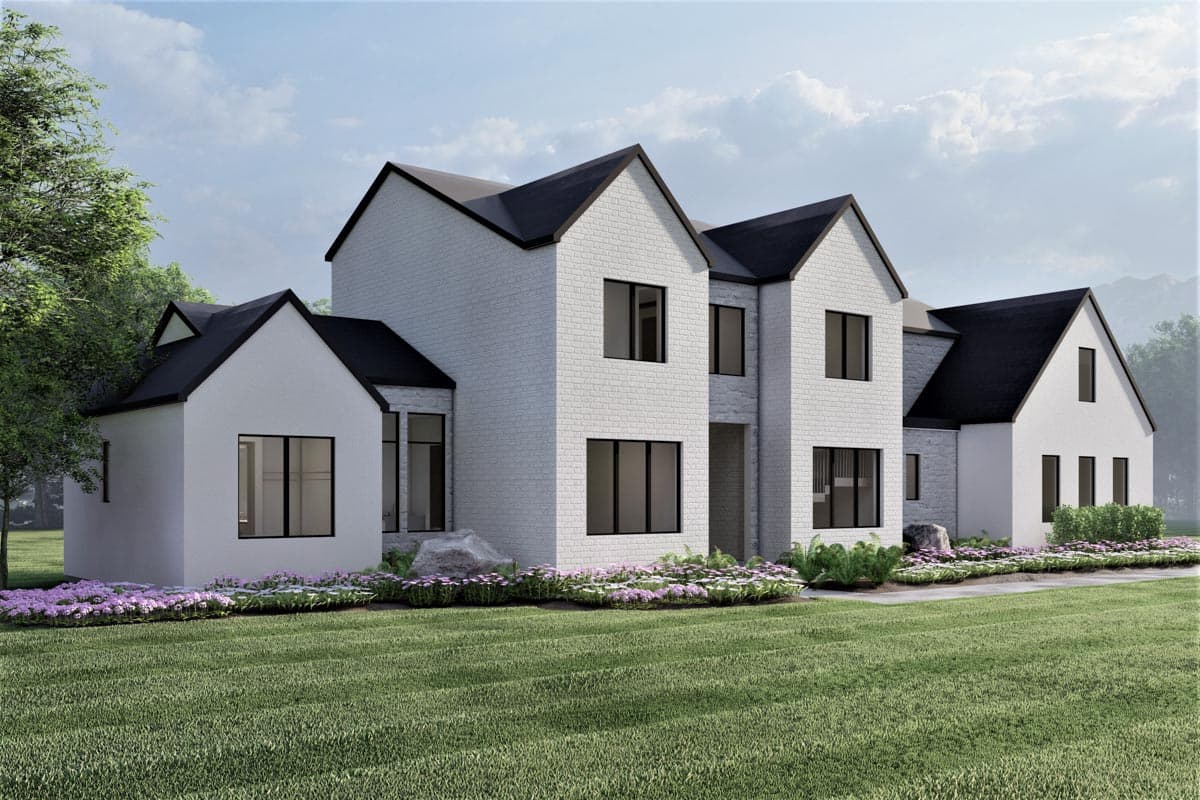 House plan exterior: Modern style, two stories, white brick facade, gabled rooflines, and large dark-framed windows.