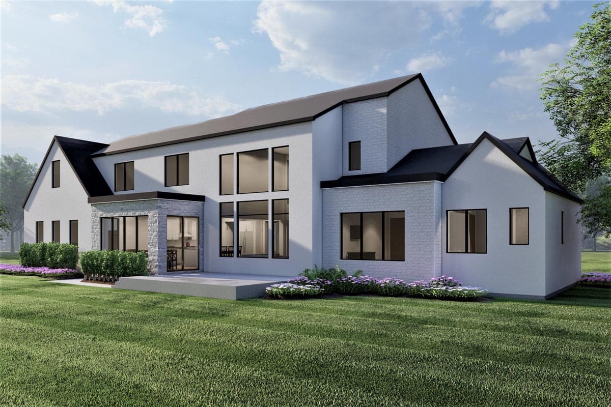 Modern house plan exterior with multi-story gables, stone accents, and large casement windows.