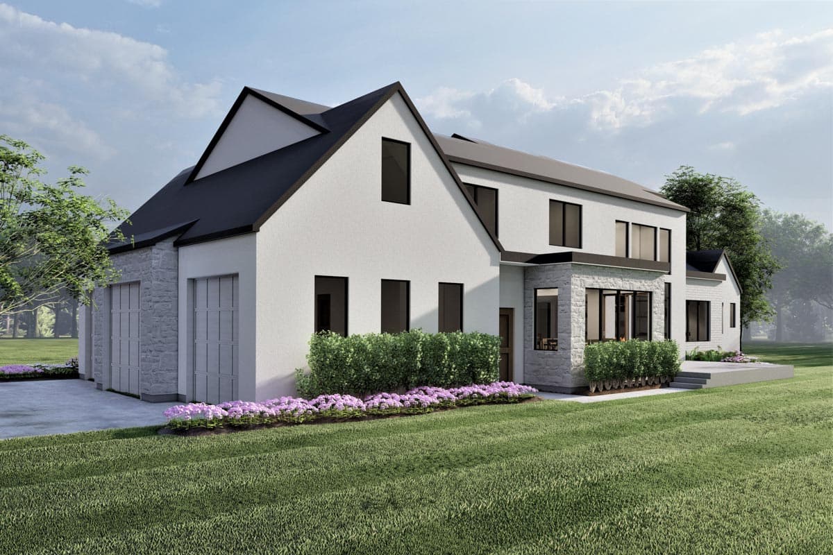 Modern house plan exterior with stone and stucco facade, gabled roof, dormer, and three-car garage.