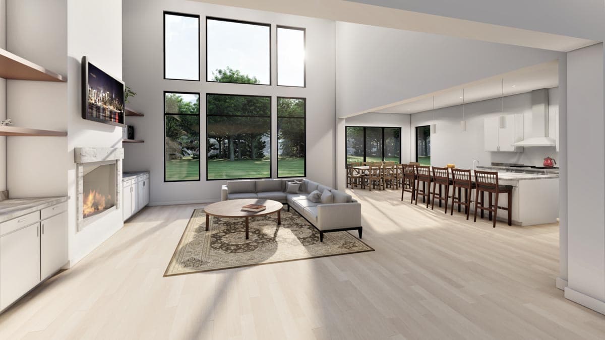 Great room rendering with fireplace, sectional sofa, island kitchen, and dining area. Tall windows.