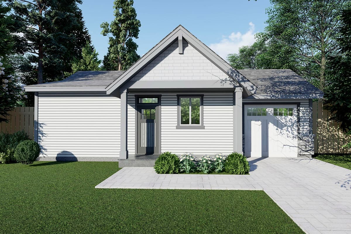 House plan exterior featuring a single-story design, front gable, covered porch, and attached garage. Clapboard siding and shingle accents.