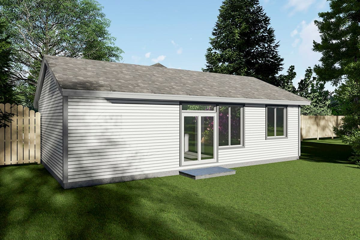 House plan exterior: Single-story structure with horizontal siding, asphalt shingle roof, double glass doors, and two windows.