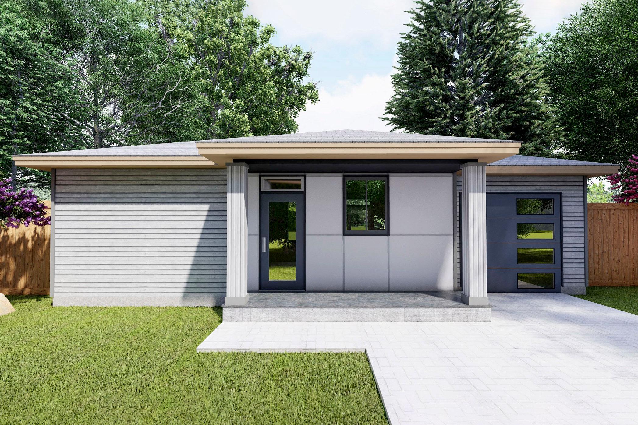 House plan exterior with modern style, one story, and a flat roof. Features include a front porch, garage, and horizontal siding.