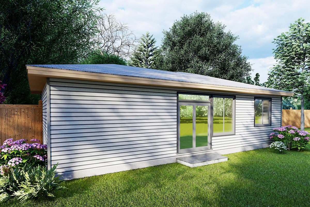 Single-story house plan exterior with horizontal siding, a flat roof, and a glass door with adjacent window.