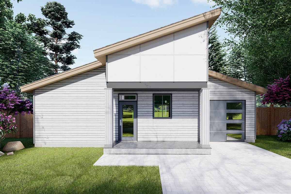 House plan exterior. Modern style, one story. Features include an asymmetrical roofline, recessed entry, and attached garage with modern door.