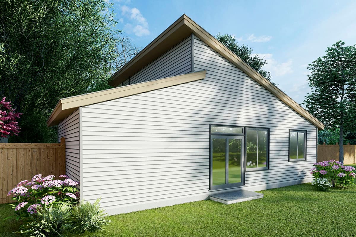 House plan exterior of a modern home with horizontal siding, asymmetric rooflines, and large glass doors and windows.