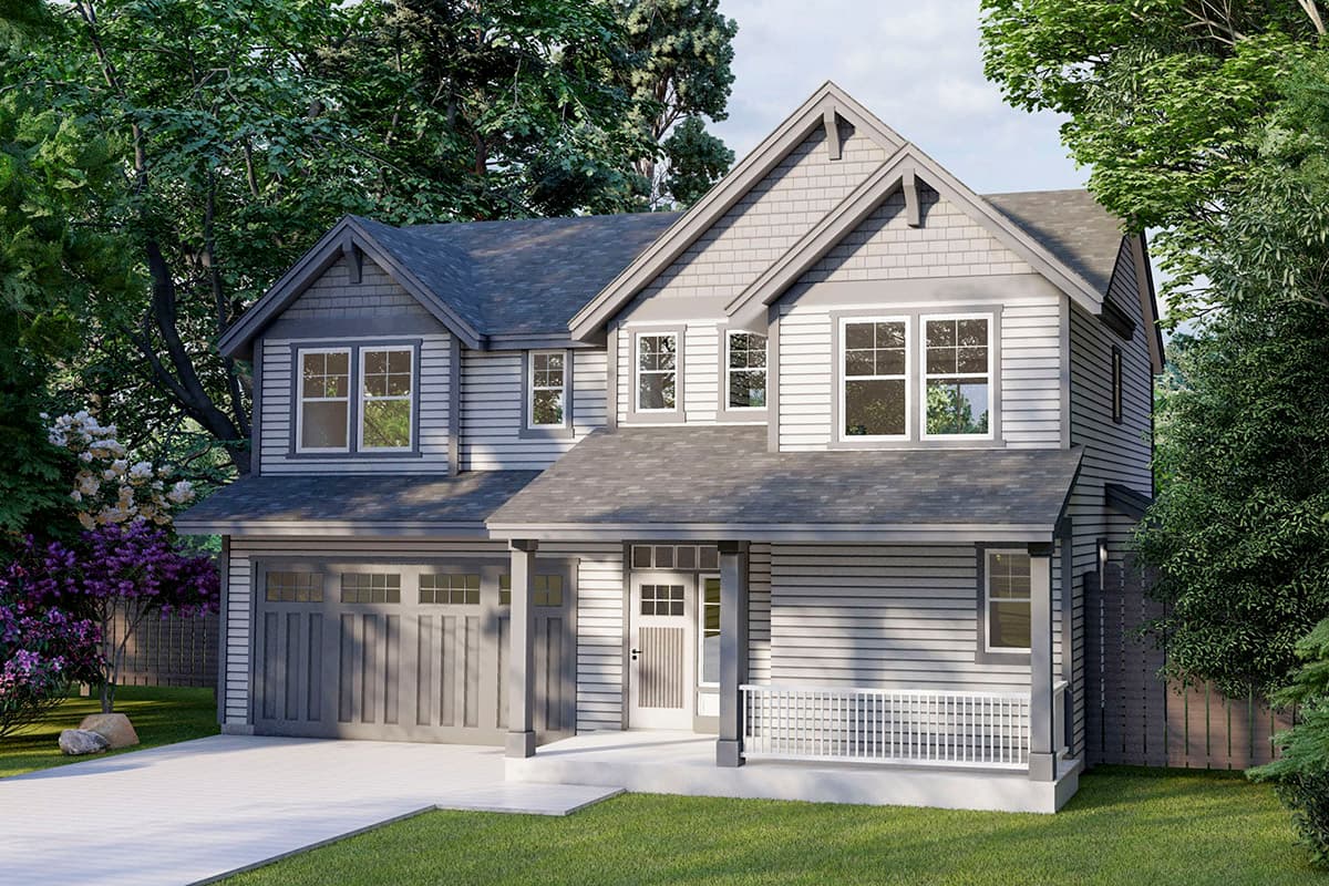 House plan exterior. Two-story Craftsman style home with gabled roof, front porch, and attached garage. Lap siding and multiple windows are visible.