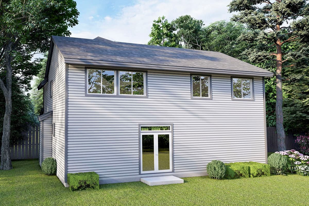 Two-story house plan exterior with vinyl siding, upper-level windows, and double glass doors on the lower level.