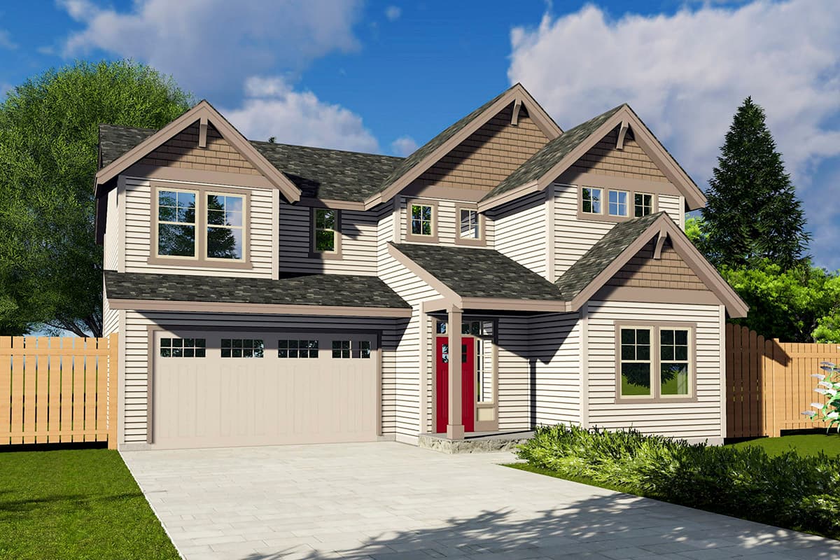 House plan exterior. Two-story Craftsman style home with multiple gables, front-facing garage, and covered entry porch.