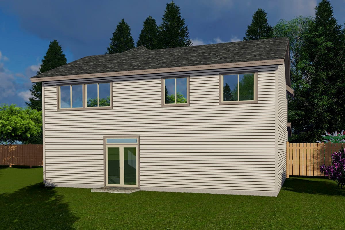 House plan exterior: Two-story structure with horizontal siding, three upper windows, and a double-door ground-level entrance.